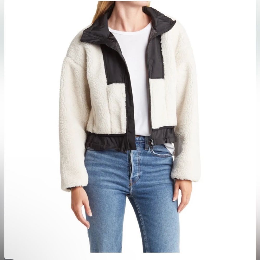 Ena Pelly PIA Faux Fur Shearling Bomber Jacket Cream and Black‎ NWT Sz 6